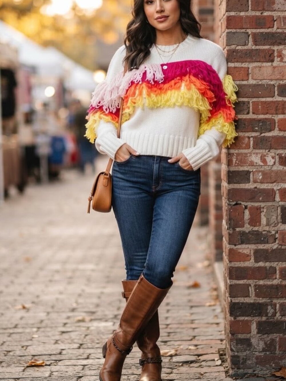 EUC 525 America White Knit Crewneck Sweater Rainbow Fringe Front XS $149